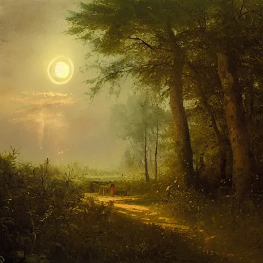 Image similar to an oil painting of a forrest at dusk with a moonlight clearing and fireflies and an abandoned tent. By carl spitzweg tuomas korpi and greg rutkowski