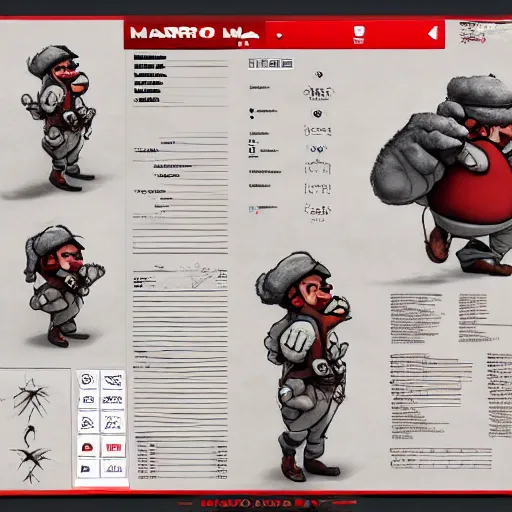 Image similar to mario, character sheet, concept design, contrast, kim jung gi, greg rutkowski, zabrocki, karlkka, jayison devadas, trending on artstation, 8 k, ultra wide angle, pincushion lens effect