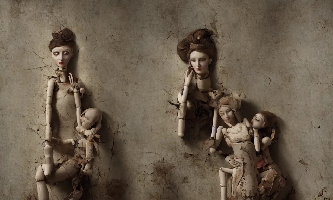 Image similar to a cinematic portrait of a beautiful female jointed wooden doll, holding each other, abandoned, left inside a room in a derelict house, old peeling wallpaper, broken toys are scattered around, rubbish, decay, sadness, by James C. Christensen, by Tomasz Alen Kopera, by Raphael, by Caravaggio, 8K, rendered in Octane, cinematic, 3D, volumetric lighting, highly detailed, photorealistic, hyperrealism