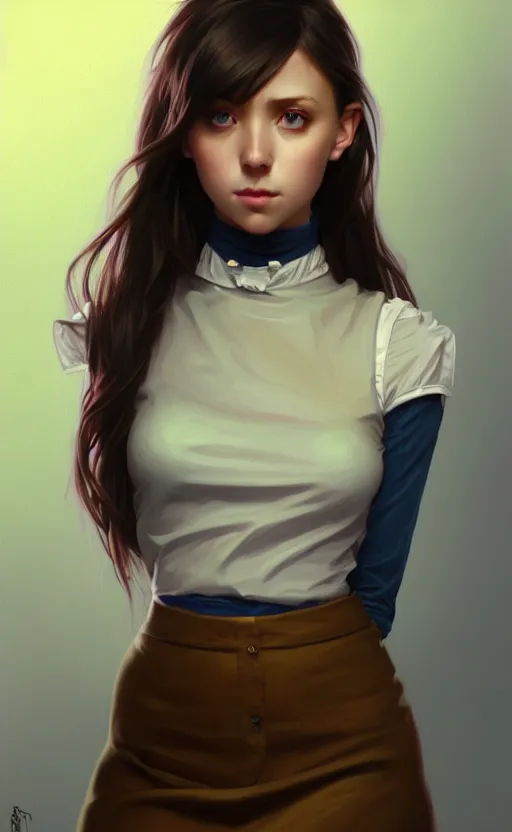 Image similar to portrait of a full body of beautiful young female secretary, d & d, sleeveless turtleneck, pencil miniskirt, fantasy, flat lighting, intricate, highly detailed, digital painting, artstation, concept art, smooth, sharp focus, illustration, art by simon bisley and greg rutkowski and alphonse mucha, natural tpose