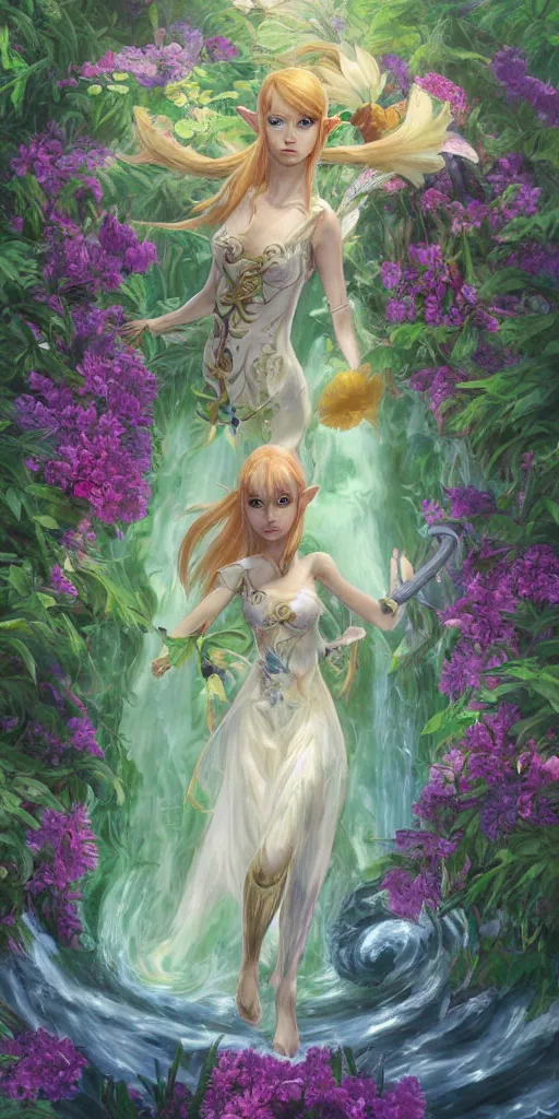 Image similar to a professional painting of the great fairy from legend of Zelda ocarina of time, long golden hair full of flowers, beautiful bone structure, symmetrical facial features, floating above a water fountain in a lush garden, , intricate, elegant, digital painting, concept art, smooth, sharp focus, illustration, from Metal Gear, by Ruan Jia and Mandy Jurgens and Artgerm and William-Adolphe Bouguereau