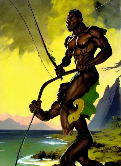 Image similar to magic : the gathering fantasy character concept art by frank frazetta and marco bucci, high resolution. a clear portrait of an athletic male jamaican, wearing yellow green calico clothing, holding a fishing rod, shores of jamaica in the background, symmetry, fantasy coloring, intricate, 8 k, digital painting, artstation, smooth, sharp focus