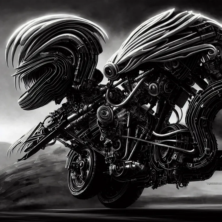 Prompt: spinal spiky ribbed black futuristic cyberpunk motocycle motorbike, concept art, beautiful intricate insanely detailed octane render, artstation, 8 k artistic photography, photorealistic, volumetric perfect light, chiaroscuro, raphael, caravaggio, beksinski, rutkowski, giger