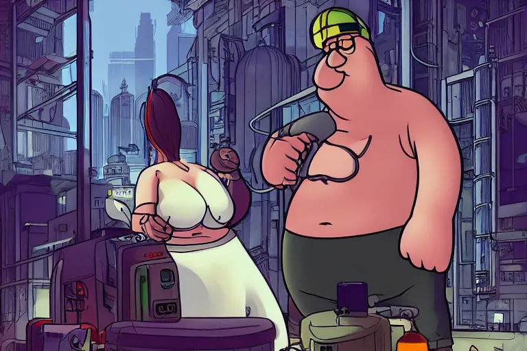 Image similar to Beautiful peter griffin in cyberpunk industrial powerplant looking at homeless Sasha grey featured on artstation, cinematic chiaroscuro, artwork by Wong, Liam