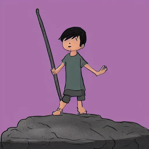 Image similar to A small kid standing on a stone and waving a wooden sword, digital art, illustration