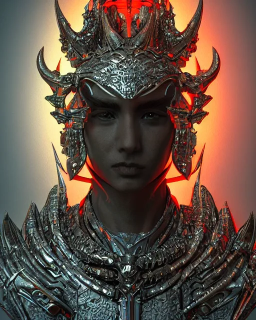 Image similar to a futuristic 3 d render portrait of ankou the evil lord wearing ornate armor made of highly detailed metal, surrealism, smooth, intricate, sinister, evil energy, death aura aura, neon glowing spells, matte painting, artstation, concept art, dark fantasy sci fi, sharp focus, cgsociety