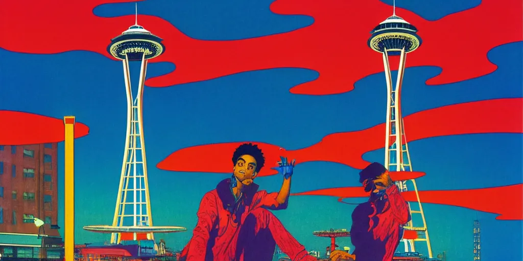 Image similar to playboi carti posing in front of the space needle, acid and dreaming psychedelic hallucinations, by kawase hasui, moebius and edward hopper, colorful flat surreal design, hd, 8 k, artstation