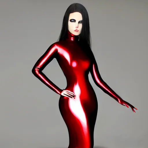 Prompt: a feminine curvy pale hot young goth supermodel wearing an elegant modest tight shiny red-gold-silver-black striped latex high-neck dress, cgsociety, photorealistic, sublime-cool-hyperadvanced-dark-amorous ambience, 16k, smooth, sharp focus, trending on ArtStation, volumetric lighting, fully clothed, thin waist