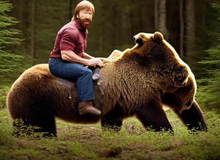 Image similar to photo of chuck norris riding his grizzly bear, in the forest. horror style. highly detailed 8 k. intricate. life - like. soft light. sony a 7 r iv 5 5 mm. award winning photography.