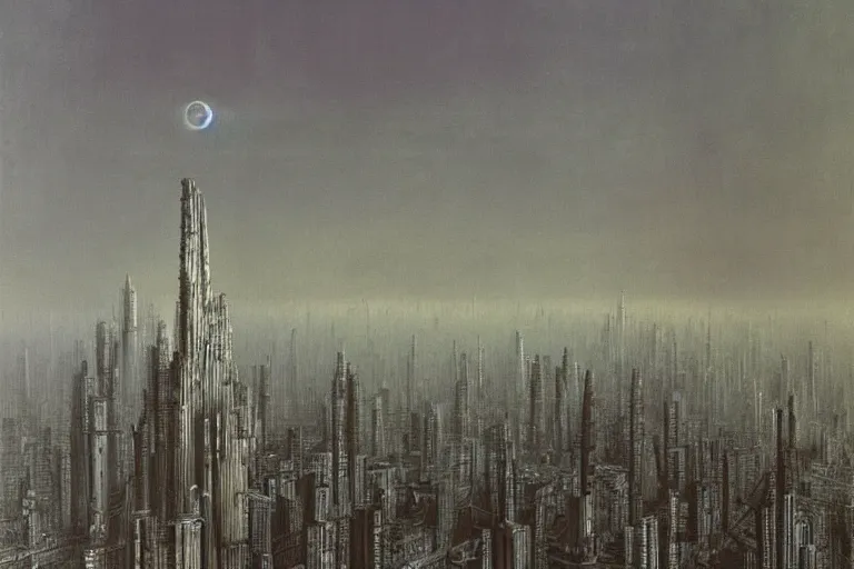 Image similar to Hanoi cityscape by HR Giger and Zdzislaw Beksinski, gothic, galactic, oil on canvas, artstation, dramatic scenery, masterpiece, aesthetic