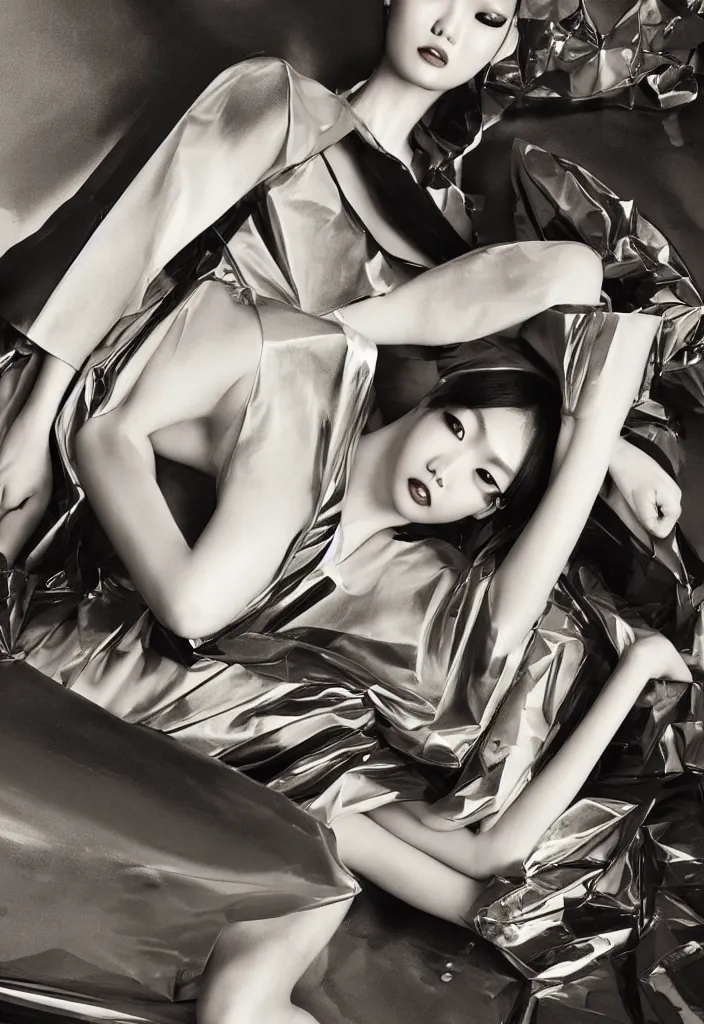 Image similar to gorgeous chinese model, elegant shiny reflective party dress, languishing lays down prone at the front of a military tank at dusk, fashion photography by steven meisel, geometric intervention, cubism