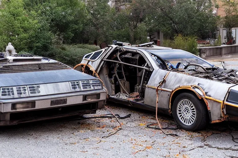 Image similar to rusty, derelict 2 0 2 2 delorean time machine being dragged by a tow truck