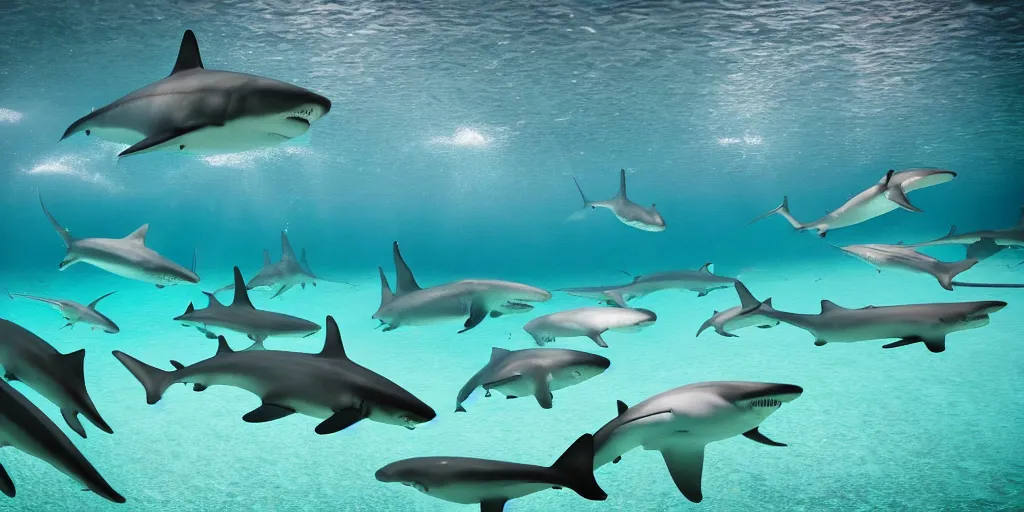 Prompt: underwater shot of sharks in a pool