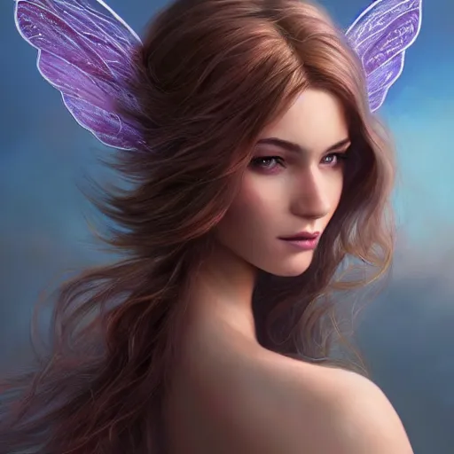 Prompt: most beautiful woman fairy wings on earth, intricate, highly detailed, digital painting, hyperrealistic, hyperdetailed, windy hair, artstation, concept art, smooth, sharp focus, illustration, unreal engine 5, 8 k, art by laura sava - h 7 0 0