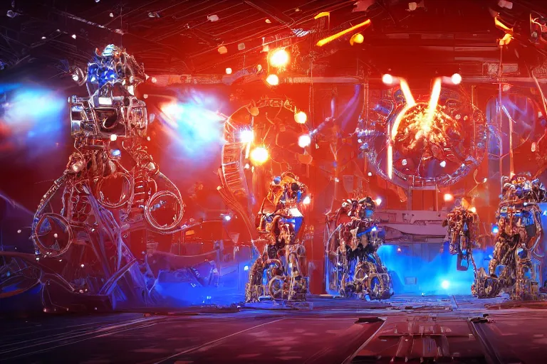 Image similar to stage from the show america got talent, on stage are 4 golden and blue metal humanoid steampunk robots falling apart, robots are wearing gears and tubes falling apart, eyes are glowing red lightbulbs, shiny crisp finish, 3 d render, 8 k, insaneley detailed, fluorescent colors, nightlight