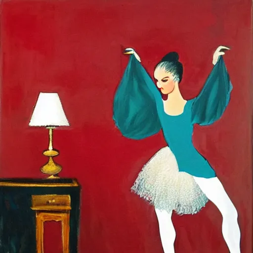 Image similar to painting of a ballerina in a teal room holding wine, red background