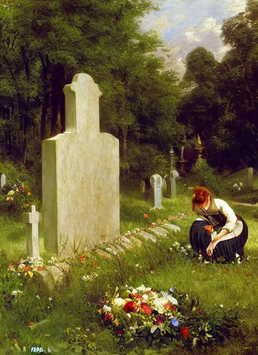 Image similar to artwork painting of a lush environment, a woman is laying flowers by a grave tombstone by eugene von guerard, ivan shishkin, john singer sargent