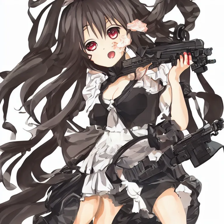 Image similar to beautiful illustration of anime maid holding machine gun, stunning and rich detail, pretty face and eyes, action pose