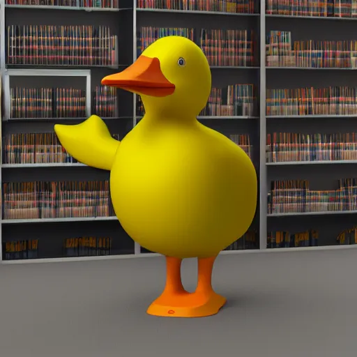 Prompt: huge buff yellow duck 3 d render in a library