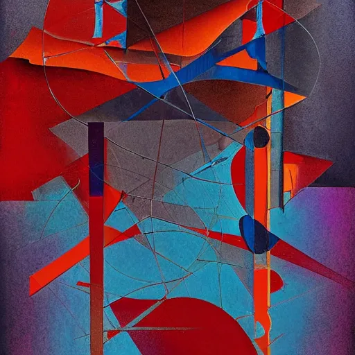 Prompt: the brittle. digital painting, vertical, intricate, beautiful, detailed, grunge, illustration, abstract art by georgia o'keeffe and el lissitzky, trending on artstation. blue, dark red and dark purple color scheme, gradient darker to bottom