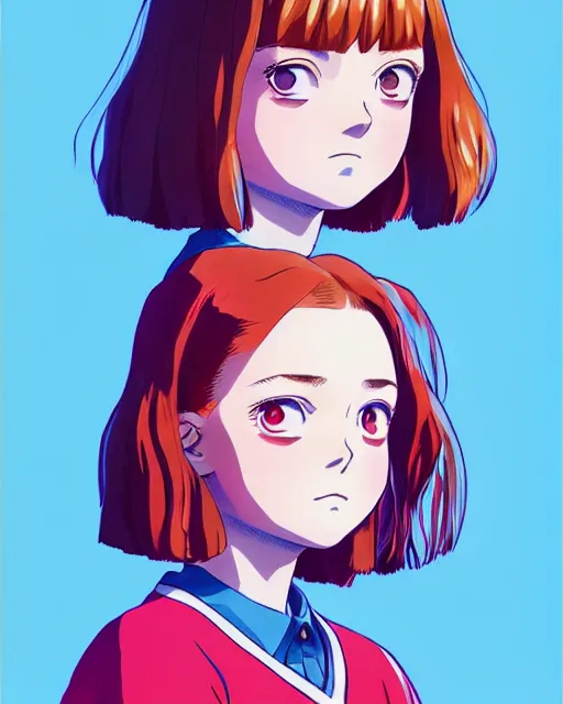 Image similar to Anime as Sadie Sink playing Eleven from Stranger Things || cute-fine-face, pretty face, realistic shaded Perfect face, fine details. Anime. realistic shaded lighting poster by Ilya Kuvshinov katsuhiro otomo ghost-in-the-shell, magali villeneuve, artgerm, Jeremy Lipkin and Michael Garmash and Rob Rey as Eleven in Hawkins Lab cute smile