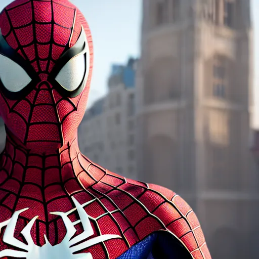 Image similar to a film portrait still of spiderman mile morales from paris, unrealengine 5. realism, cinematic lighting, highly detailed spider - man, 4 k. 8 mm. grainy. panavision.