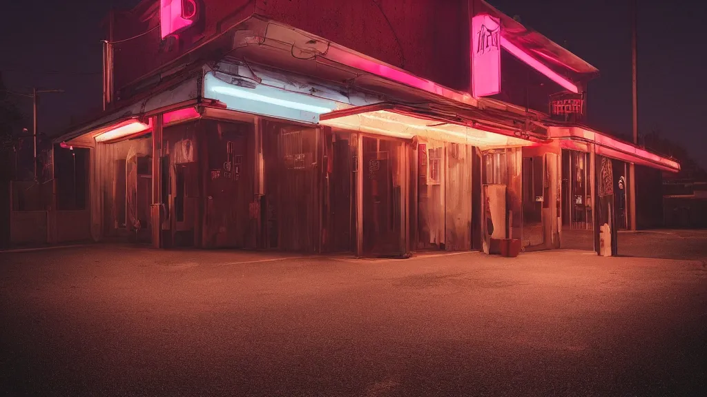 Image similar to an empty parking lout outside an abandoned retro diner at night, by lee madgwick and bastien lecouffe - deharme, pink and orange neon lights, highly detailed, photorealistic, artstation trending, cryenging 8 k uhd