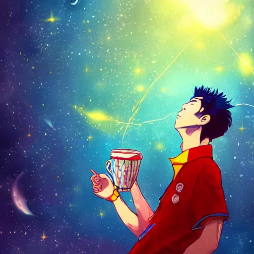 Image similar to A man drinking a cup of cosmic energy bright light by Masafumi Harada, 4k, digital art, surreal, anime style, space dandy style, highly detailed, godsend, artstation, digital painting, concept art, smooth, sharp focus, illustration