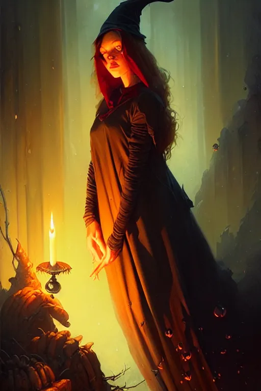 Prompt: young attractive witch portrait by anna podedworna, greg rutkowski, gaston bussiere, simon bisley