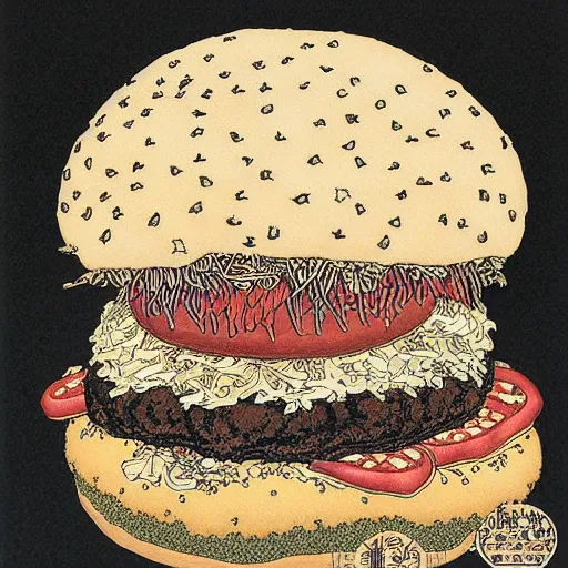 Image similar to intricate detailed burger by takato yamamoto