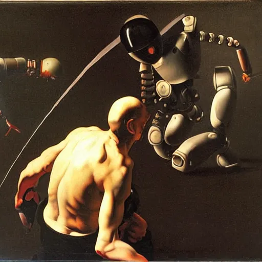 Image similar to a painter fighting a robot, oil painting by caravaggio, composition