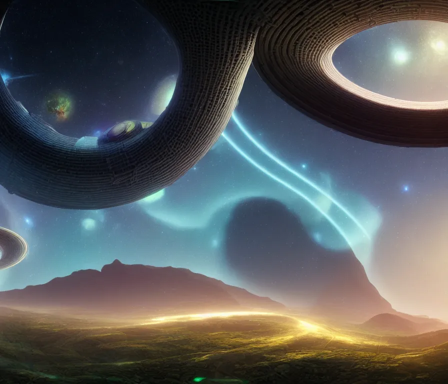 Image similar to O'Neill cylinder colony Stanford torus, view of villages, hills, forest, rivers. Space colony, inside view, octane rendering, humanity's cosmic future, stellar sky, cinematic, hyperdetailed, photorealistic, hyperrealism, octane rendering, 8k, depth of field, bokeh, masterpiece, fantastic art