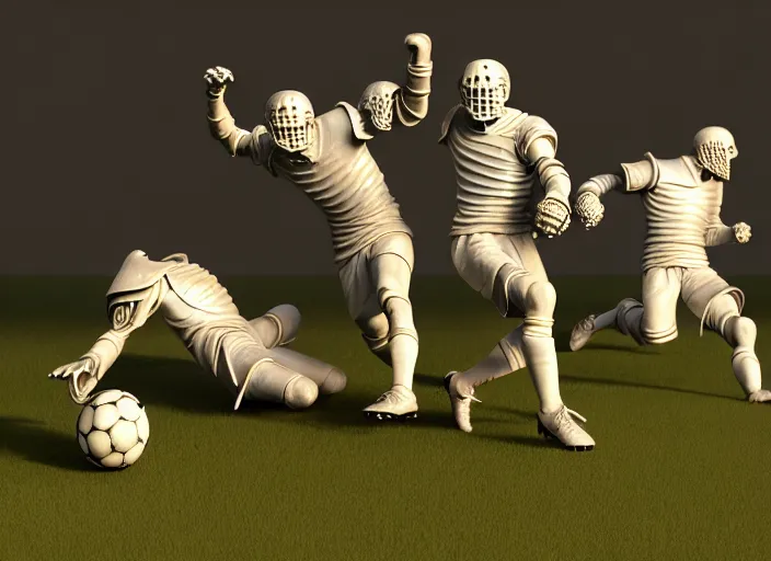 Image similar to knights in armor playing soccer ball - scull, rome, highly detailed, soft lighting, elegant, works by edward hopper, james gillard, zdislaw beksinski, stephen outram, andreas m wiese, highly detailed art by takato yamamoto, masterpiece. rendered in blender, ultra realistic, smooth shading, ultra detailed, high resolution, cinematic, unreal 6