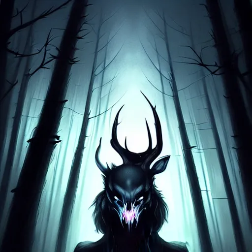 Image similar to in the style of artgerm, peter mohrbacher, rafael albuquerque, wendigo, in the forest emerging from the shadows, deer skull face, antlers, fog, full moon, moody lighting, horror scary terror