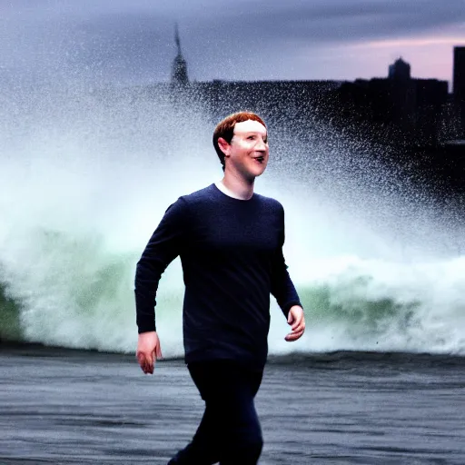 Prompt: Mark Zuckerberg running away from a mega tsunami in New York City, dslr photo, background blur