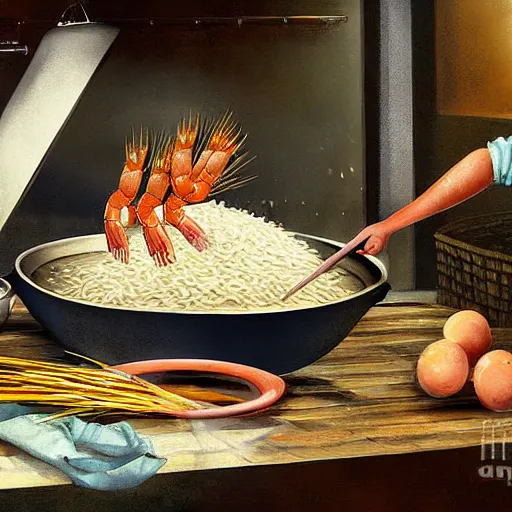 Image similar to A shrimp chef preparing a dish of rice, digital art, detailed