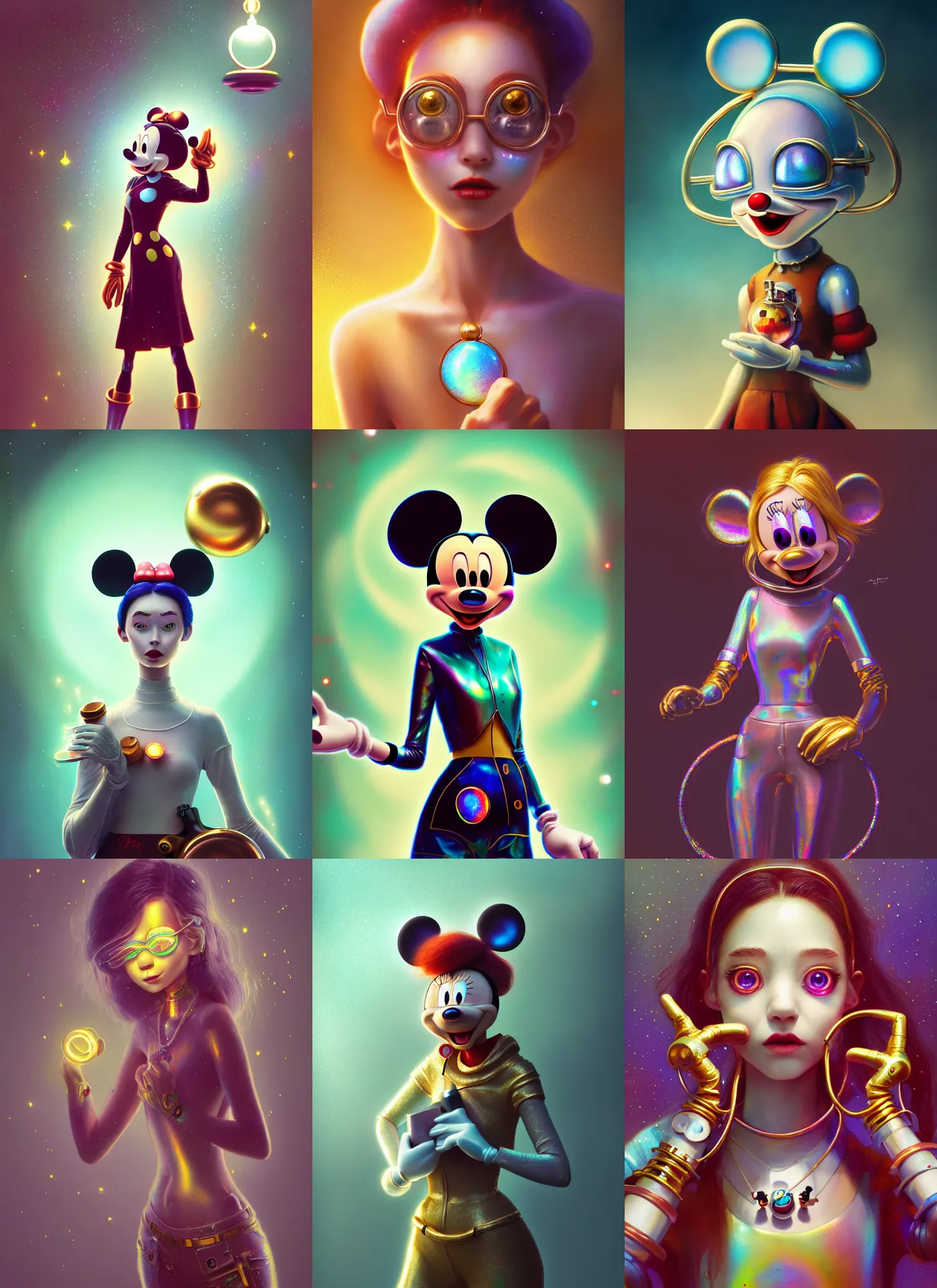 Prompt: pixar 8 k photo, beautiful shiny white porcelain rich galactic iridescent edc mickey mouse clowncore cyborg college girl, rusty iron jewelry, golden ratio, sci fi, fantasy, cyberpunk, intricate, decadent, highly detailed, digital painting, octane render, artstation, concept art, smooth, sharp focus, illustration, art by loish, wlop