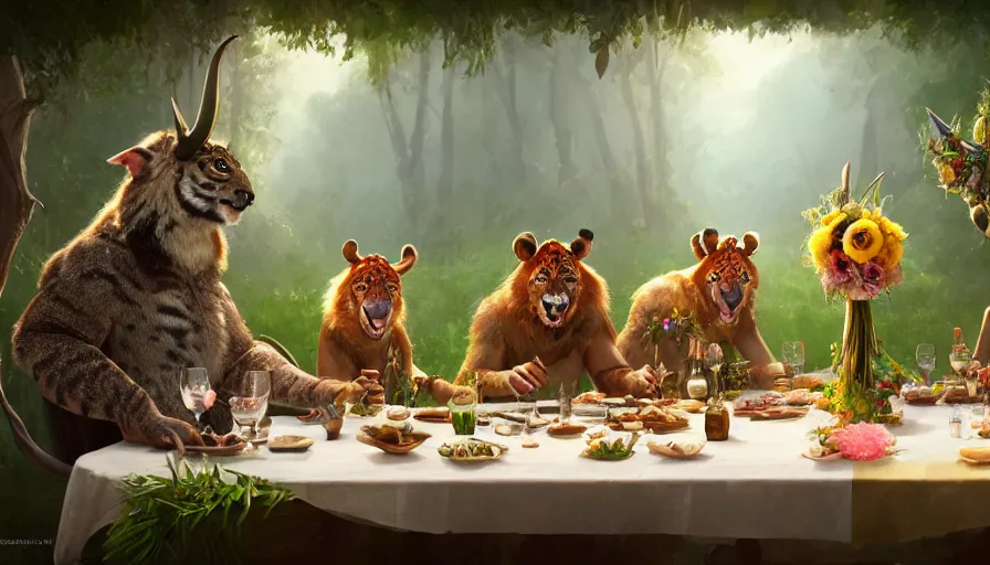 Prompt: a table dinner of exotic animals where animals are dressed like the characters from the midsommar movie wearing flowers, sharp focus, realistic detailed digital art by maxwell boas jessica rossier christian dimitrov anton fadeev trending on artstation cgsociety rendered in unreal engine 4 k hq