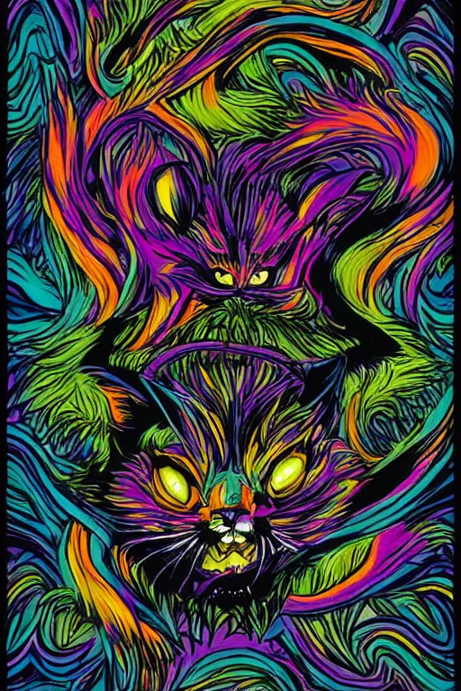 Image similar to demon cat, art by brian miller, colorful, illustration, highly detailed, simple, no jagged lines, smooth