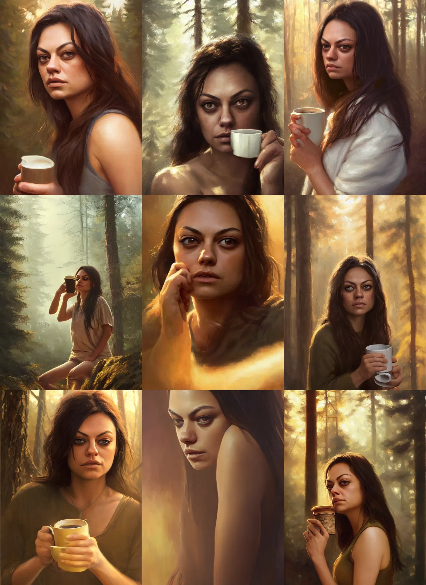 Image similar to close portrait of sleepy mila kunis waking up with coffee, dramatic light, morning golden hour, forest cabin background, 2 0 0 mm focal length, painted by stanley lau, painted by greg rutkowski, painted by stanley artgerm, digital art, trending on artstation