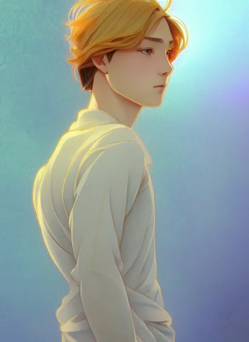 Image similar to pretty young man with shoulder length shiny shimmering golden blond hair, path traced, highly detailed, high quality, digital painting, by studio ghibli and alphonse mucha, leesha hannigan, makoto shinkai, disney