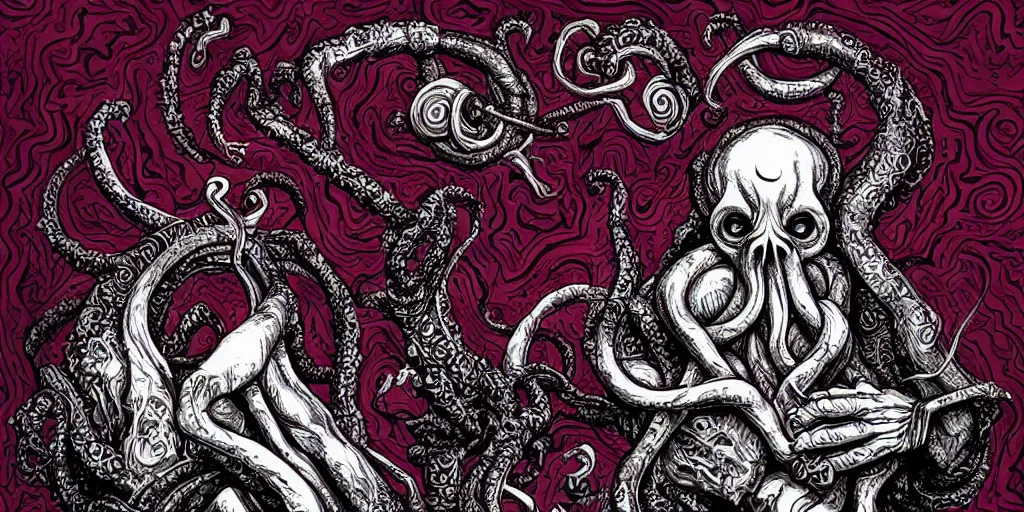 Image similar to cosmic horror, hd, music, human, trumpet, musician, biological indicators, cthulhu ( fictional divinity created by h. p. lovecraft ), elegant, drugs, history book, written in red