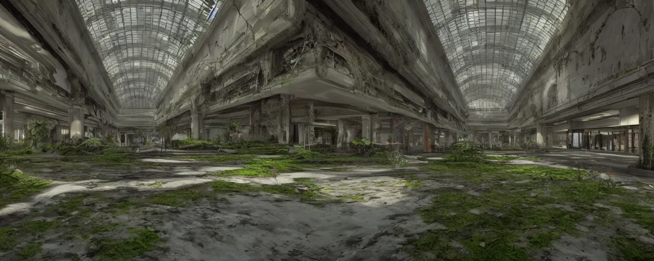 Image similar to inside abandoned mall with escalator and walls having moss and ferns 8 k uhd, unreal engine, octane render in the artstyle of finnian macmanus, john park and greg rutkowski