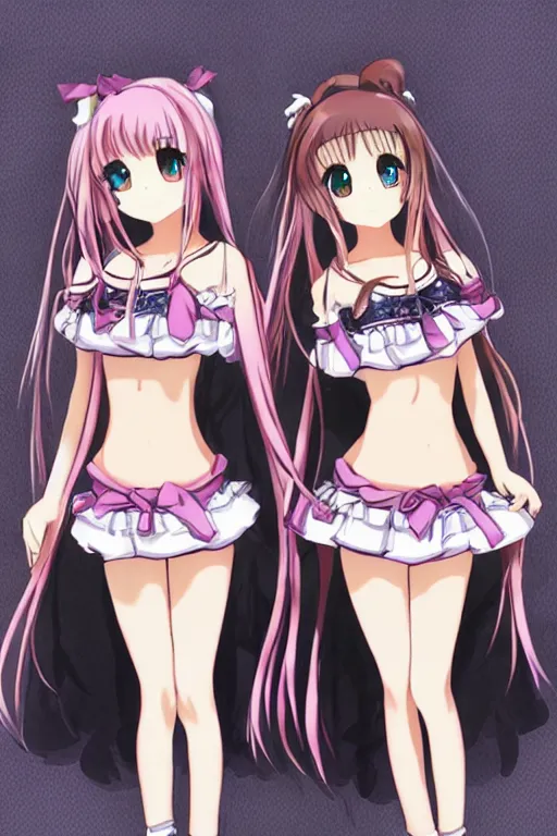 Image similar to two beautiful female idols with twin tails standing chest to chest, detailed anime art