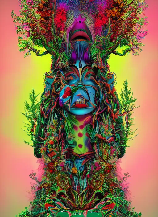 Prompt: a psychedelic surreal horror totem made of trees and multicolor flowers, fulcolor octane remder, cinematic