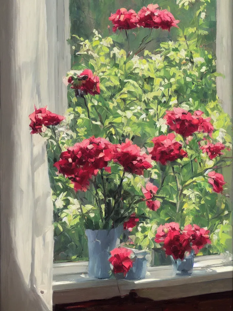 Image similar to gorgeous flowers by Ben aronson, oil on canvas, evening, window with art nouveaucurtains