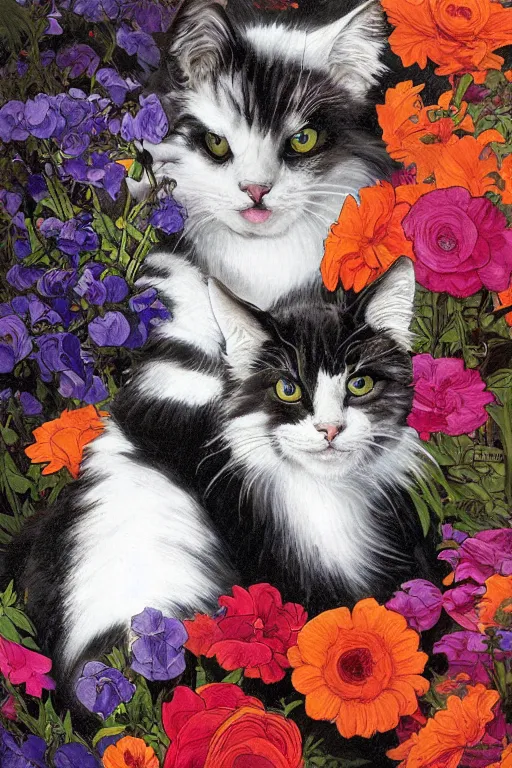 Prompt: medium - shot, two black with white stripes!! fur cats, angry, meows, symmetrical, colourful flowers, cinematic lighting, highly detailed, digital art, oil painting, highly detailed, sharp focus, matte painting, renaissance painting, by kinkade, by alphonse mucha, by leyendecker, by henriette ronner - knip,