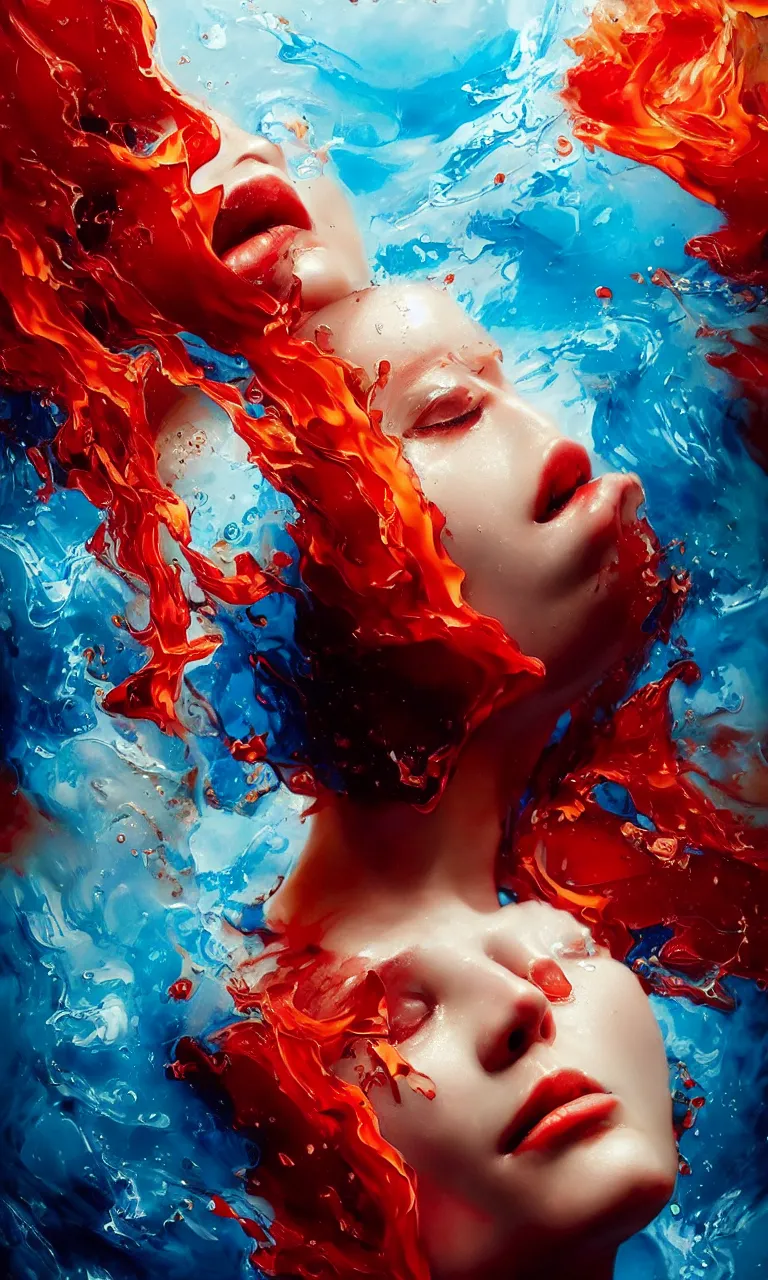 Image similar to 3 d, crying fashion model, flame, liquid deep blue and red water, sun, vogue cover style, poster art, high detail, intricate oil painting, multiple exposure, heaven mood, hyperrealism, 3 d, by tooth wu and wlop and beeple and greg rutkowski