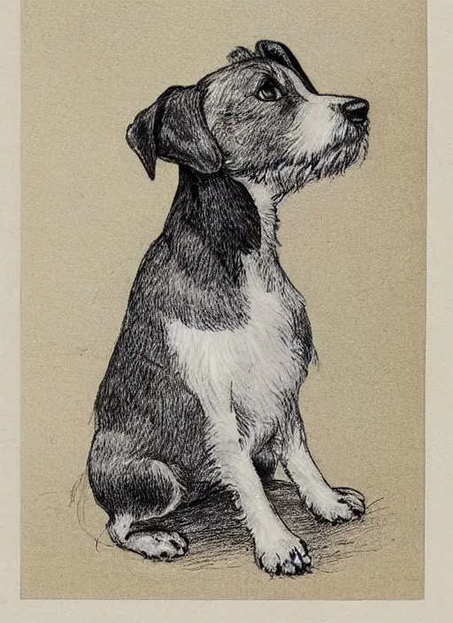 Image similar to portrait of jack russel terrier, illustrated by peggy fortnum and beatrix potter and sir john tenniel