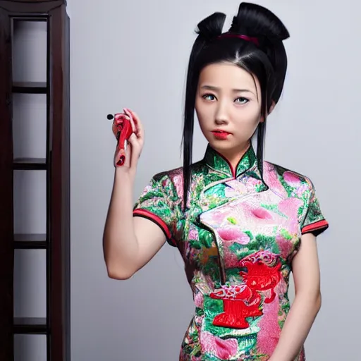 Image similar to chinese woman with eyepatch, odango, twin ponytails, black cheongsam